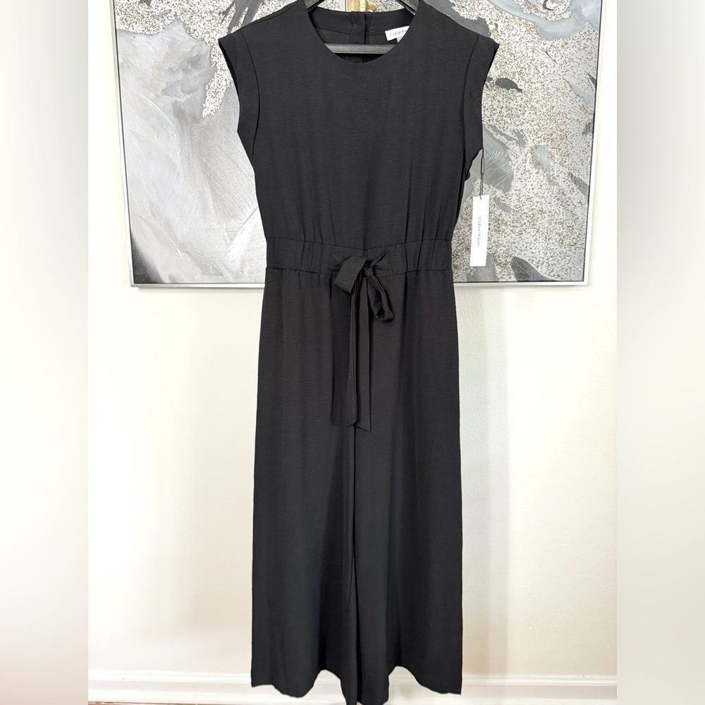 Calvin Klein Black Crewneck Sleeveless Oversized Wide Leg Cropped Jumpsuits, 2